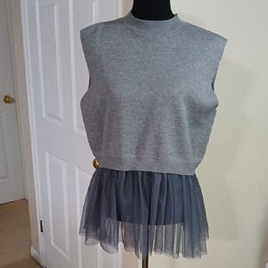 Elegant Gray Sleeveless Blouse with Sheer Pendlum